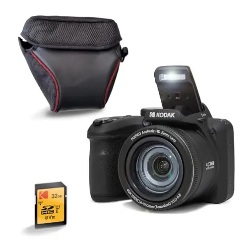 KODAK Pixpro AZ405 Bridge 20MP, Zoom X40, Grand Angle 24mm, Full HD 1080p, OIS, LCD 3", Housse + Carte SDHC 32GB U1, Pile AA - Noir