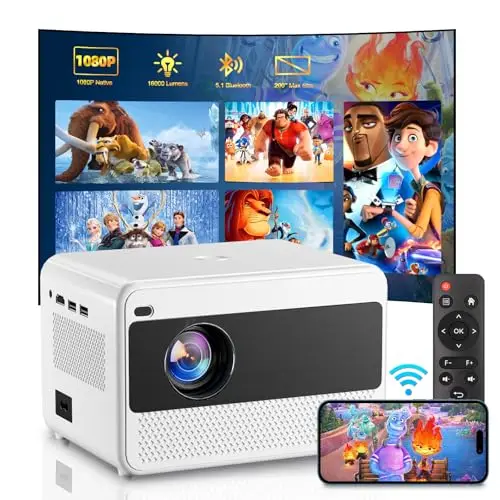 Videoprojecteur, Retroprojecteur 16000 Lumen FHD 1080P, Projecteur Portable Bluetooth, 2.4G y 5G WiFi de Doble Banda, 50% Zoom Home Cinéma pour Téléphones Mobiles, Ordinateurs, USB et HDMI