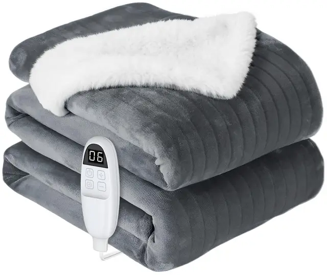 anysun Couverture Chauffante 200x180 cm, Plaid Chauffant Électrique avec Minuterie 1-10 h, Arrêt Automatique, 6 Niveaux de Température, Flanelle et Imitation Fourrure de Lapin, Lavable en Machine