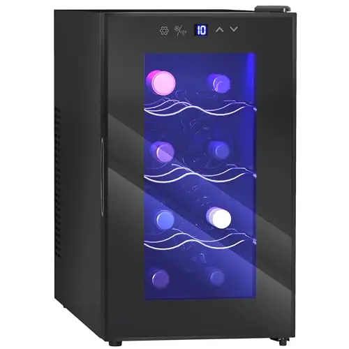 HOMCOM Cave à Vin 8 Bouteilles 21L, Réfrigérateur à Vin et Boissons avec Température Réglable 8-18°C, Porte en Verre Trempé Anti-UV, Étagères Ajustables, Écran Tactile, Éclairage LED, Noir