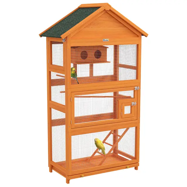 PawHut Cage à Oiseaux en Bois, Cage Perroquet, Aire de Jeux, volière Oiseaux extérieur, Toit Asphalte imperméable, pour Perruche, calopsitte, Conure, canaris, 92 x 52 x 171 cm, Orange