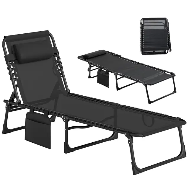 Outsunny Chaise Longue Pliante Bain de Soleil Textilène 189x58cm Noir