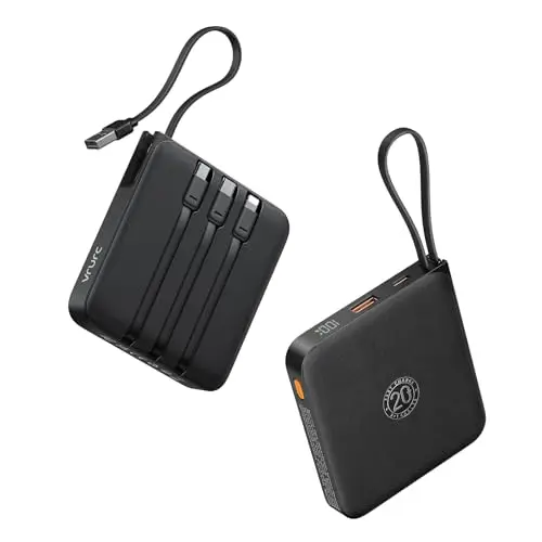 VRURC Batterie Externe 20000mAh avec 4 Câbles Intégrés, Mini Power Bank USB C 22.5W Charge Rapide Batterie Portable avec Affichage LED pour iPhone Samsung iPad