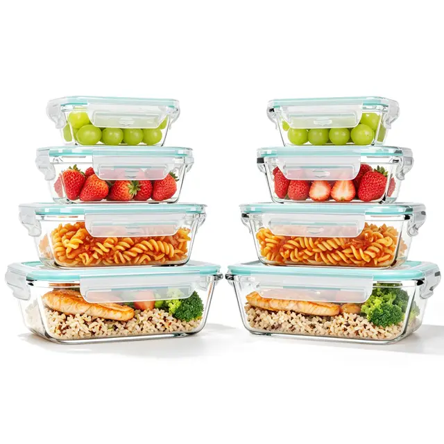 Lot de 8 Boîtes Alimentaires en Verre avec Couvercle | Récipients Hermétiques en Verre Borosilicate | Étanches & Empilables | Pour Congélateur, Micro-ondes | 1040ml, 640ml, 370ml, 180ml