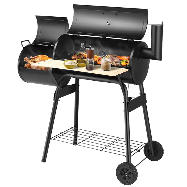 COSTWAY Barbecue à Charbon en Bois avec Fumoir Déporté 2 en 1, Barbecue Portable avec Caisse de Feu Latérale Table Latérale Étagère Poignées en Bois et 2 Roues pour Camping Pique-Nique