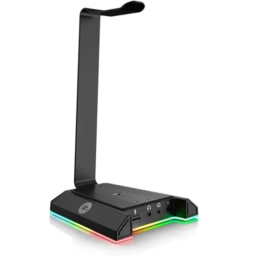 EKSA W1 Support Casque avec Son Surround 7.1, Support de Casque Gamer en Aluminium, Lumières RGB, 2 Ports USB, 3 Ports de 3,5 mm, Support Casque Universel pour Casque Gaming