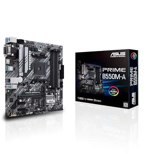 ASUS PRIME B550M-A – Carte mère AMD B550 (Ryzen AM4) au format micro ATX avec double M.2, PCIe 4.0, DDR 4400, Ethernet 1Gb, HDMI/D-Sub/DVI, USB 3.2 Gén. 2 Type-A, Aura Sync RGB
