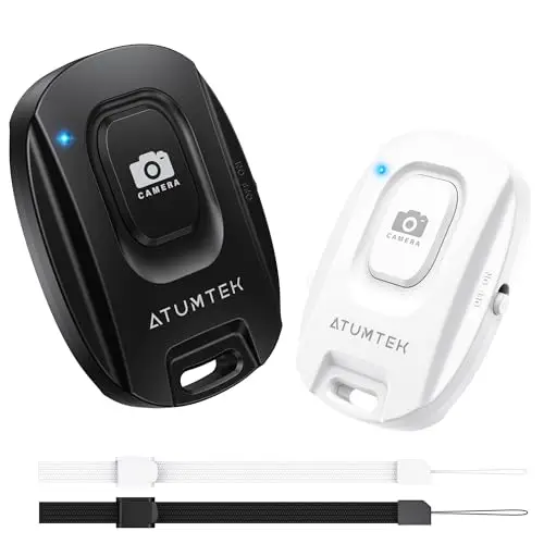 ATUMTEK Télécommande d’Appareil Photo pour iPhone et Smartphones Android (Lot de 2), Bouton de Télécommande sans Fil pour Photos et Vidéos (Bluetooth 5.2), avec Dragonne, Noir & Blanc