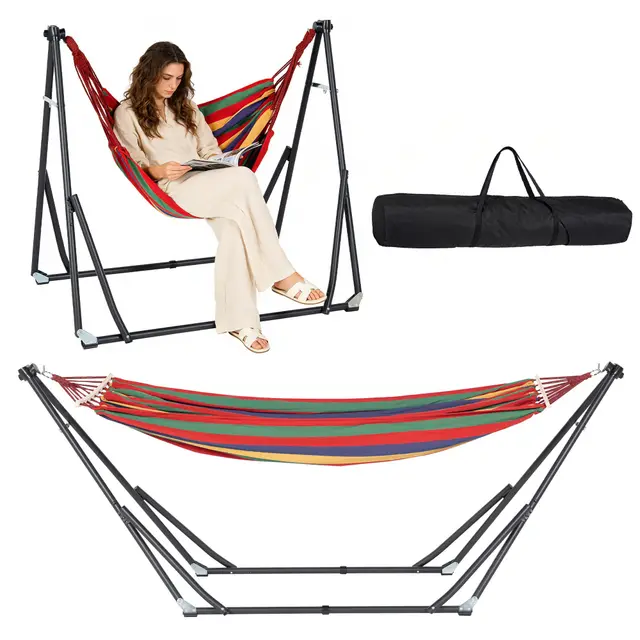 SogesPower Hamac 2-en-1 avec Support en Acier Pliable et Sac de Transport - Chaise Suspendue Portable pour extérieur, Jardin, Balcon, Camping et Appartement - Rayures colorées