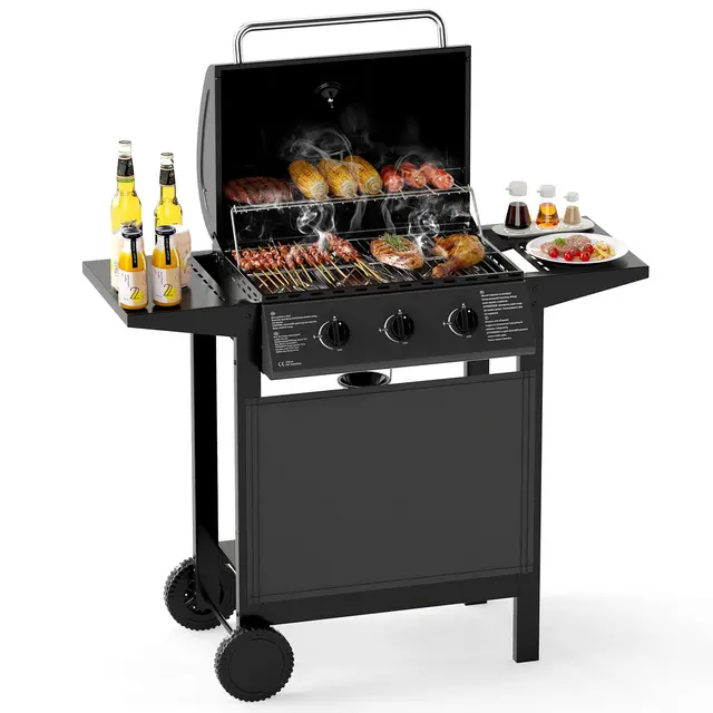 COSTWAY Barbecue Gaz Propane 3 Brûleurs, 24,000 BTU Gril à Gaz Extérieur avec Grilles en Acier Inoxydable Thermomètre 2 Tables Latérales, Chariot à Barbecue sur Roulettes pour Camping Jardin