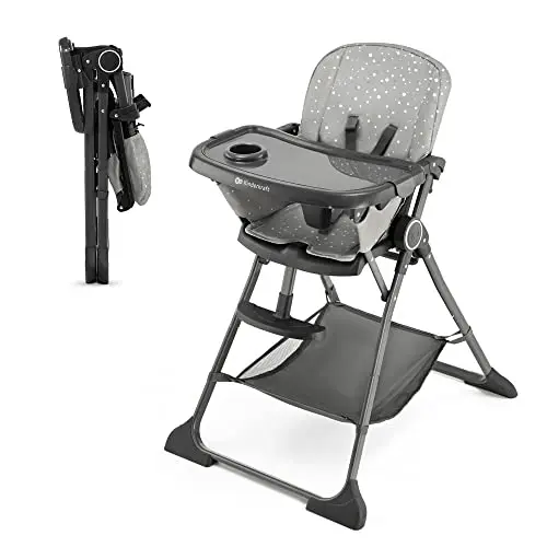 Kinderkraft FOLDEE Chaise Haute pour Bébé Ergonomique, Confortable, Inclinable, Pliable, Réglage Du Dossier, Repose-Pieds, Avec Plateau, pour Tout-Petit, de 6 Mois à 3 Ans, Gris