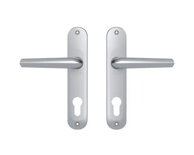 Vachette Set de Poignée de Porte sur Grande Plaque MONDIAL - Version Clé I pour Porte d’Entrée, Bureau, Garage - Entraxe 165 mm - Pose Facile - en Zamak Résistant - Finition Argent - Garantie 10 Ans
