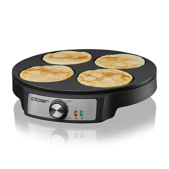 Cloer 6625 Pancake Maker, Mini Pancakes, pour 4 petites pancakes de d'un diamètre de 11 cm, 1200 W, revêtement antiadhésif, comprend un tourne-pancake, noir