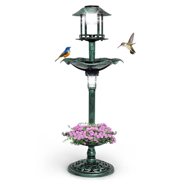 GOPLUS Mangeoire Oiseaux Extérieur Solaire, Bain d'oiseaux sur Pied avec 2 Lampes à Energie Solaire, Support Remplissable, 3 Piquets, Abreuvoir Oiseaux φ43x110cm pour Jardin, Cour (Vert)