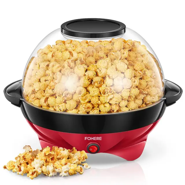 FOHERE Machine a Pop Corn, 5,5 L Machine à Pop Corn, Plateau Amovible, Revêtement Antiadhésif, Silencieux et Rapide, Couvercle Transparent Pouvant être Utilisé Comme Récipient (Rouge)