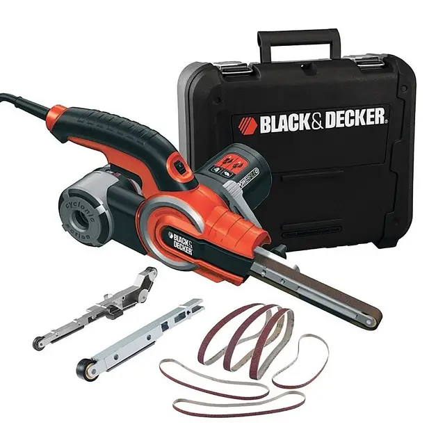 BLACK+DECKER Lime Électrique Filaire - 6 Bandes Abrasives - 3 Bras : Droit 13 mm/Droit 6 mm/Coudé 13 mm - Livrée en Coffret - Interrupteur Anti-Poussière 400W, 455 x 13 mm, KA902EK-QS