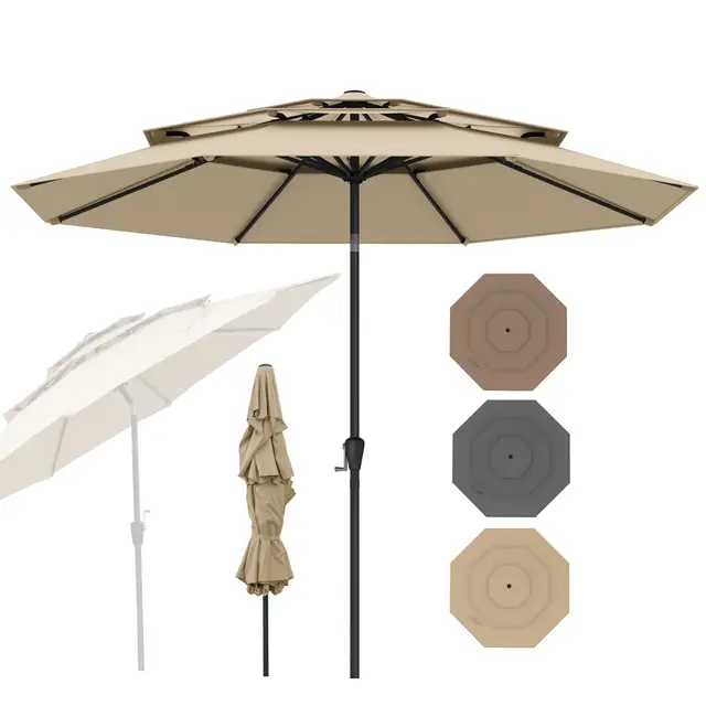 RELAX4LIFE Parasol Droit Inclinable 3M | Parasol de Jardin Extéieur 3M | Toit Ventilé à 3 Couches | Inclinaison 30° | 8 Baleines | Manivelle | Protection Solaire pour Balcon Terrasse (Beige)