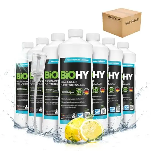 BiOHY Nettoyeur de vitres pour aspirateurs de vitres (9 x 1l Bouteille) + Distributeur | brillant éclatant sur toutes les surfaces | pour un nettoyage sans traces (Fenstersauger)