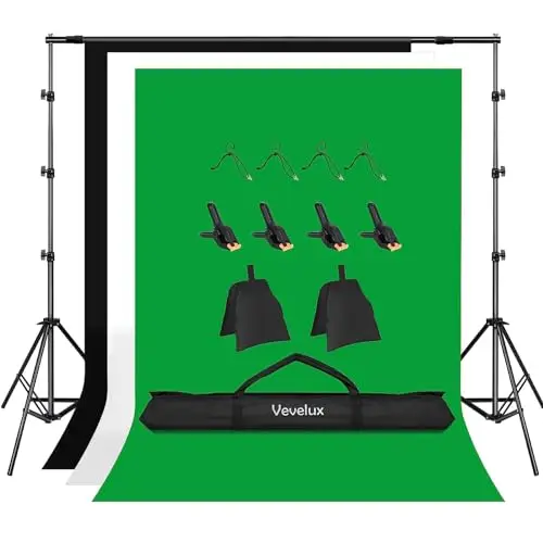 2,6x3 M Système de Support Fond Photo Kit, 2 x 3 M Toile de Fond Blanc Noir Vert + 8 Pcs Pince avec 2 Sacs de Sable et 1 Sac de Transport pour Portrait Photo Studio Vidéo