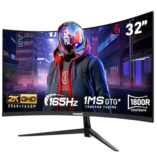 Gawfolk Écran PC 32 Pouces,2K WQHD(2560×1440P),165Hz incurvé Gaming Moniteur, 1ms sans Lunette, 100% sRGB,178 ° Angle Vue HDMI、DisplayPort, Compatible avec Mural VESA100*100MM - Noir