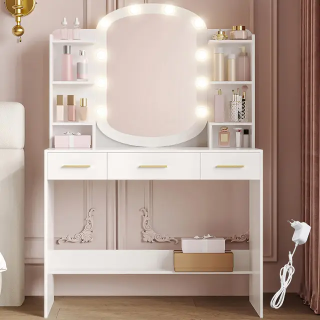 HEXCELEN 90 cm Coiffeuse avec Miroir Ovale, Coiffeuse avec Miroir LED à Luminosité Réglable, Table de Maquillage, 3 Tiroirs avec 6 Étagères Ouverts, Blanc