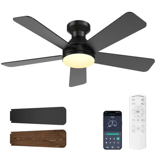 Ventilateur de Plafond avec Lumière et Telecommande, 106CM Ventilateur Plafonnier avec Application Contrôle, 36W LED Lampe Intégrée, 6 Vitesses, Réversible, Dimmable, Silencieux, pour Salon, Chambre