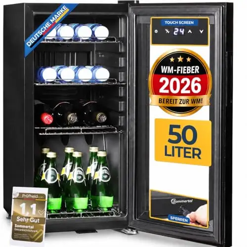 Sommertal Réfrigérateur avec porte en verre GK50 - Réfrigérateur silencieux avec LED, écran tactile et serrure, petit réfrigérateur pour bouteilles, noir, 50 l