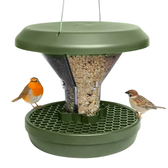 SWISSINNO Mangeoire Oiseaux Extérieur à Suspendre - Davos Smart Birds - Anti Rats et Souris avec Plateau Récupérateur - Distributeur Graines pour Oiseaux Sauvages - Jardin et Balcon – Vert