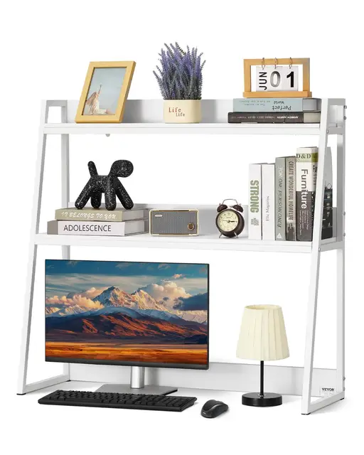 VEVOR Étagère à Poser sur Bureau à 2 Niveaux, Bibliothèque de Bureau 95 x 32 x 90 cm, Organisateur de Bureau avec Pieds Antidérapants, Support de Rangement Stable pour Maison Dortoir, Blanc