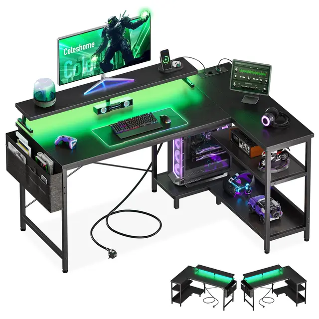 Coleshome Bureau Gaming LED, 120x80cm Bureau d'angle avec Étagères Réversible, Table Imformatique en L avec 2 Chargeur USB & 2 Prises Table Gaming avec Support d'écran pour Domicile, Noir