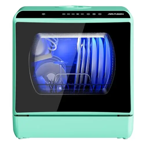 AIRMSEN Mini Lave-Vaisselle de Comptoir, 5+1 Programmes, Réservoir d'Eau de 5L, Contrôle Tactile et Écran LED, Adapté pour les Cuisines Familiales, Appartements et Dortoirs, Vert