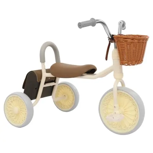 Tricycle à partir de 3 ans - Vélo rétro pour enfant avec sac, cadre en acier au carbone et pneus Eva, siège rembourré avec dossier pour 2 à 6 ans, charge maximale : 30 kg