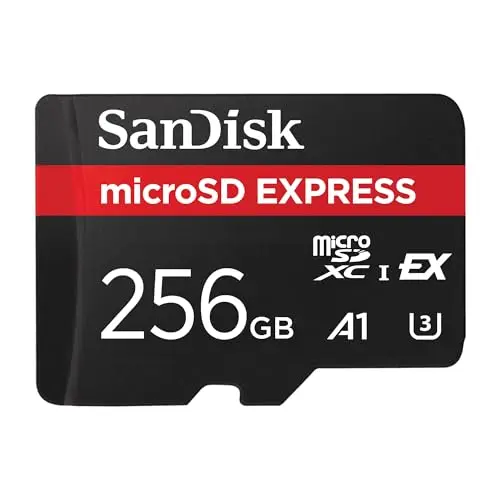 SanDisk microSD Express, 256 Go Carte microSD, Vitesee de lecture/écriture jusqu'à 880/480 Mo/s, Des vitesses de lecture jusqu’à 4,4 fois plus élevées que nos cartes microSD Class 10, U3