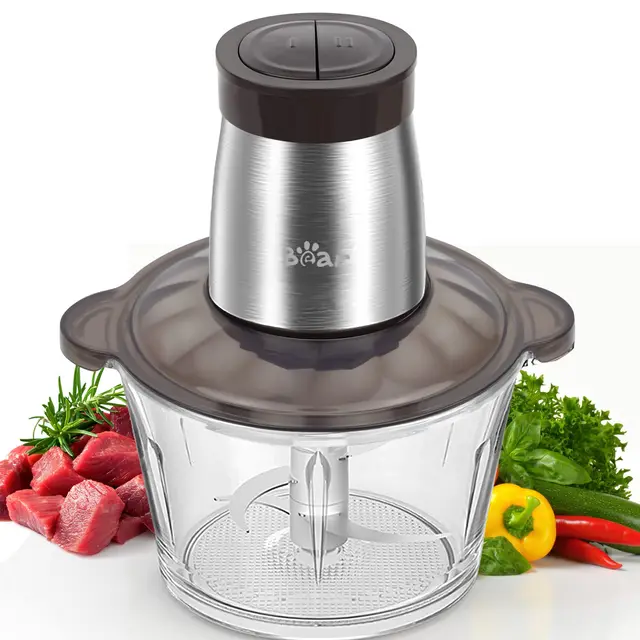 Bear 2L Hachoir Électrique Mini, Fonction Pulse D'Une Seule Main, 2600r/Min, 2 Vitesses, Hachoir Avec 4 Lames En Acier Inoxydable, Récipient En Verre Pour Viande, Aliments Pour Bébés, Légumes