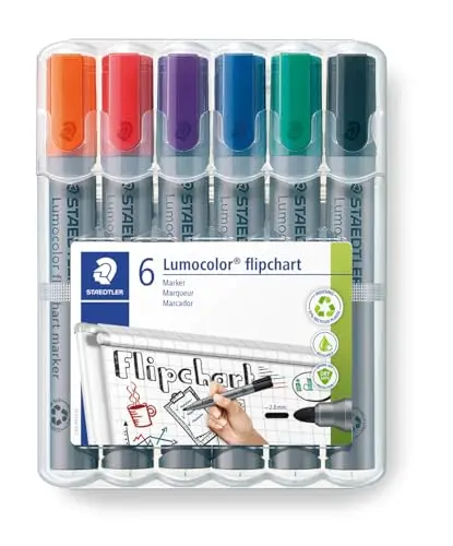 Staedtler Lumocolor Flipchart, Marqueurs pour tableau papier, Pointe moyenne de 2 mm, Étui chevalet avec 6 couleurs assorties, 356 WP6, gris