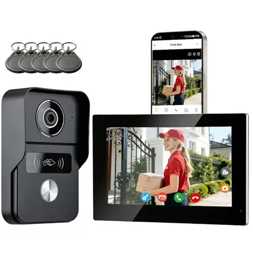 Visiophone Connecté Interphone Vidéo, Sonnette 2 fils 7 Pouces Moniteur Tactile, Audio Bidirectionnel, Système d'interphone avec Unlock à Distance, Wi-Fi 2,4 GHz/5 GHz, KW02-IP7 Noir
