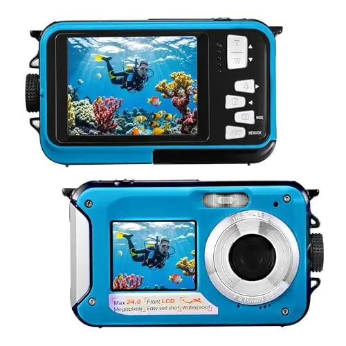 Appareil Photo numérique Etanche,Camera Etanche Full HD 2.7K 48MP Double Ecran Anti-Vibrations,Selfie Double écrans 16X Zoom Appareil Photo pour Natation,Vacances(Bleu)