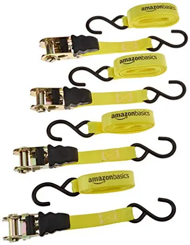 Amazon Basics Sangles à Cliquet, Lot de 4, 4,5m x 25mm, Capacité 635 kg, Sangles d'Arrimage avec Crochets S, Verrouillage Automatique, Libération Rapide, pour Remorque, Moto, Cargo, Jaune