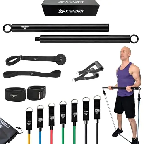Kit Musculation Élastique Complet XTENDFIT - 10 Bandes Résistance 170kg + Barre Renforcée - Entraînement Full Body Maison, Débutant à Confirmé, Fitness sans Salle.