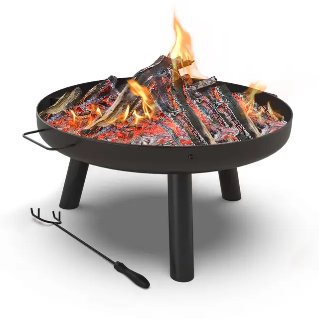VOUNOT® Brasero Extérieur Ø60cm en Métal avec Grille Tisonnier Brasero Rond Chauffage à Bois pour Terrasse Balcon Jardin Noir