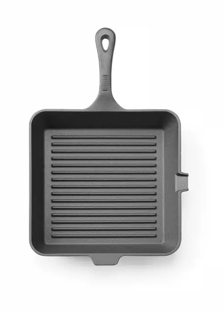 HENDI Poêle à griller en fonte côtelé, avec bec verseur, poêle à frire pour four feu, cuisinière à gaz, induction, électrique, plaque vitrocéramique, grill barbecue, poignée: 140mm, 250x250x(H) 50mm