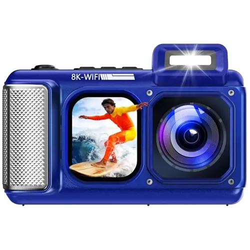 Maxmango V08 Pro 49FT Appareil Photo Etanche Numérique - 8K 90MP WiFi Camera Etanche，Écran Tactile de 2,8 Pouces, Résistant à la Poussière et Aux Chocs, Adapté à la Plongée en Apnée, Bleu