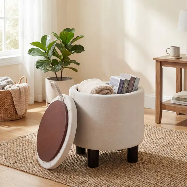 RELAX4LIFE Pouf Rangement Rond 48 L, Repose-Pieds en Tissu Lin avec Couvercle Réversible Effet Bois, Tabouret Rangement pour Coiffeuse pour Salon, Chambre, Entrée, Charge160 kg, 38x 44 cm