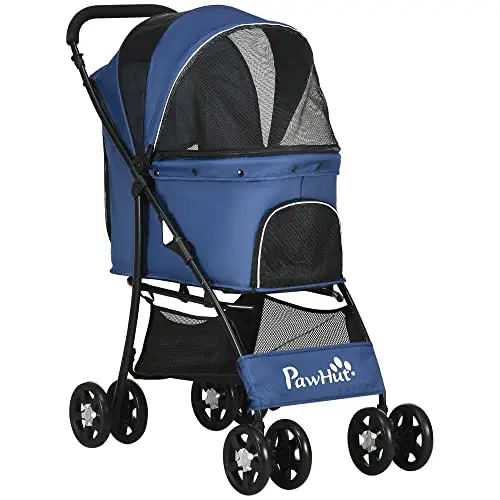PawHut Poussette Buggy Pliable pour Chien et Chat, Panier de Rangement, Tissu 600D Oxford, 4 Roues, Bleu