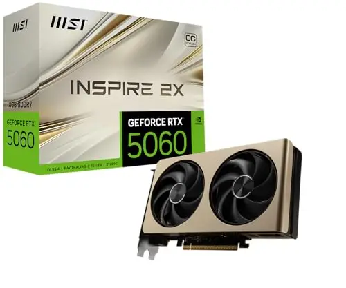 MSI GeForce RTX 5060 8G Inspire 2X OC Carte Graphique 8 Go GDDR7 (28 Gb/s/128 Bits), Refroidissement à Double Ventilateur (2 x Ventilateurs STORMFORCE) - HDMI 2.1b, DisplayPort 2.1b,