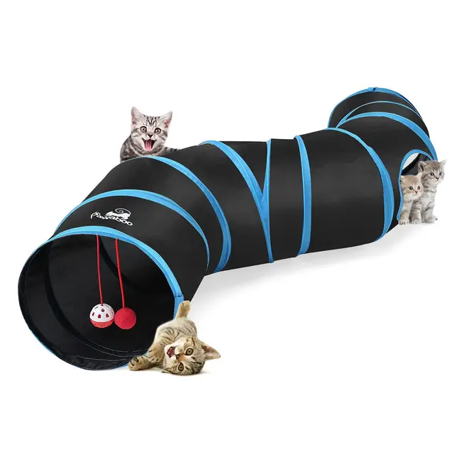 Pawaboo Tunnel Pliable en Forme de S, Jouet Interactif Tube avec Pompon et Cloches pour Chat Chiot Lapin - Noir