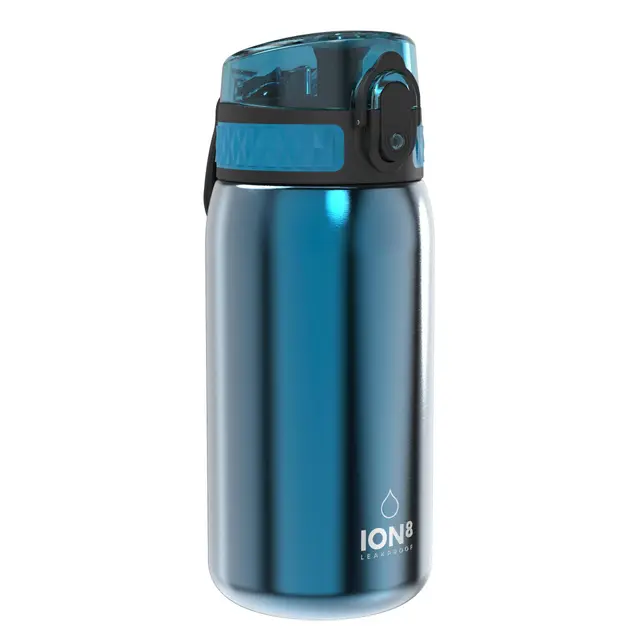Ion8 Gourde Enfant, Inox Léger, 400ml, Non Isolé, Anti-Fuite, Facile à Ouvrir, Verrouillage Sécurisé, Lavable au Lave-Vaisselle, Poignée de Transport, Acier Inoxydable, Bleu
