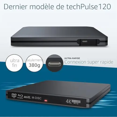 techPulse120 Externe USB 3.1 USB-C Lecteur Graveur UHD 4k 3D M-Disc Blu-Ray DVD CD BDXL HDR10 128GB Superdrive Windows macOS Deluxe Aluminium Gris