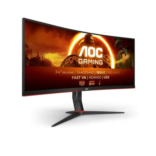 AOC Gaming Moniteur Incurvé, CU34G2XPD/BK 34 Pouce 180Hz Fast VA Dalle, 1ms GtG, HDR400, FreeSync Premium, Ajustable en Hauteur, USB Hub(3440x1440 HDMI 2X 2.0 DP 2X 1.4) Noir/Rouge