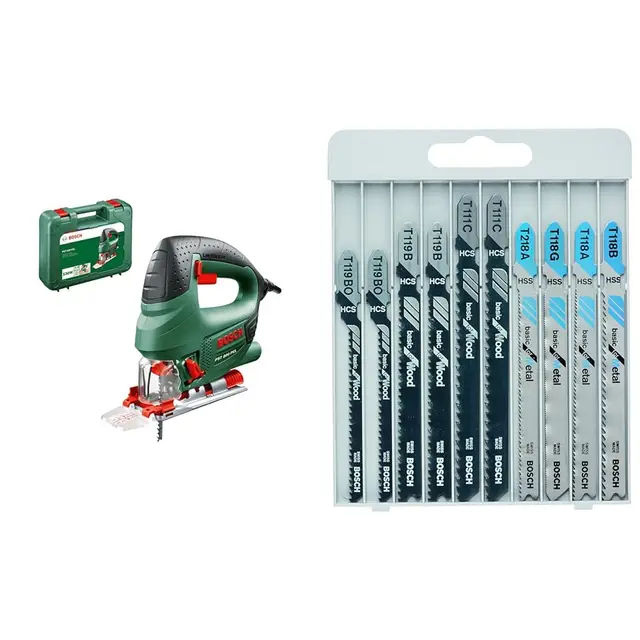 Bosch Scie sauteuse "Universal" PST 800 PEL avec range-lame, pare-éclats transparent, CutControl, coffret, 1 lame + Assortiment de lames de scie sauteuse Basic pour métal et bois 10 pièces